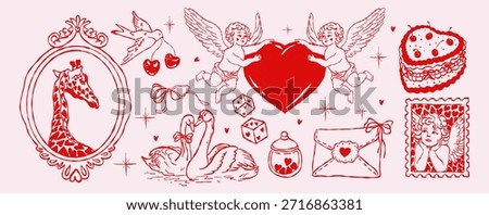 Hand-drawn Valentine illustration set with Cupid angels, bows, hearts, doves, giraffe, love letters, swan and dices. Romantic vintage sketch style for cards, stickers and holiday designs