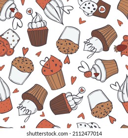 Hand-drawn Valentine's Day cupcakes with hearts. Vector  seamless pattern.