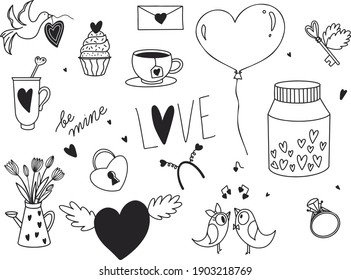 Hand-drawn Valentine's day doodle illustration set. Excellent for postcards, wrapping paper, digital design, banners.