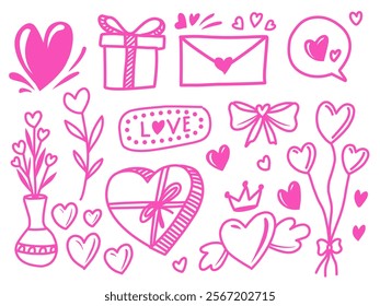 Hand-drawn Valentine's Day elements including hearts, gifts, ribbons, and love messages in pink, ideal for romantic-themed designs or cards