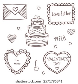 Hand-drawn Valentine's Day elements, including hearts, cake, and love notes, perfect for festive design