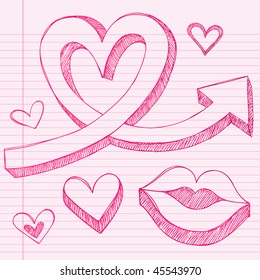 Hand-Drawn Valentine's Day Heart 3D Arrow and Lips Kissing Sketchy Notebook Doodles on Lined Paper-Vector Illustration Design Elements