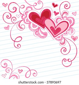 Hand-Drawn Valentine's Day Hearts Sketchy Notebook Doodles on Lined Paper Vector Illustration