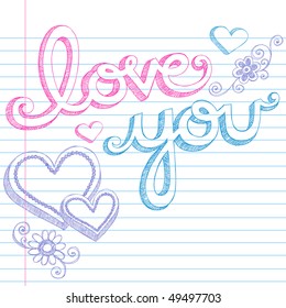 Hand-Drawn Valentine's Day Love You Sketchy Notebook Doodles Lettering and 3D Heart Shapes on Lined Paper Vector Illustration