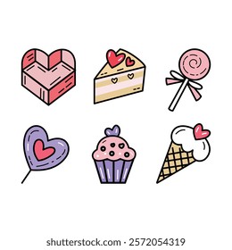 Hand-Drawn Valentine's Day Sweet Treats Vector Icons: Cupcakes, Chocolates, Lollipops, and More	