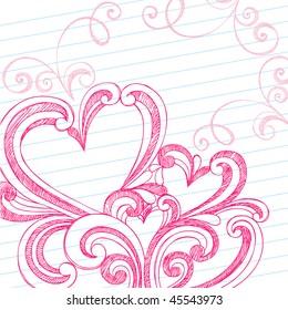 Hand-Drawn Valentine's Day Swirls and Hidden Hearts Sketchy Notebook Doodles on Lined Paper Background- Vector Illustration Design Elements