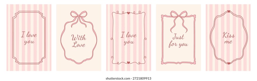 Dia dos Namorados desenhado à mão vintage quadros definidos com linhas caprichadas, arcos, fitas em um estilo coquette. Vetor linha de arte minimalista elegante borders.Template para um cartaz, banner em um estilo doodle. 
