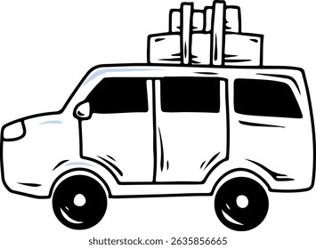 Hand-drawn van with luggage on roof for Eid homecoming (mudik)