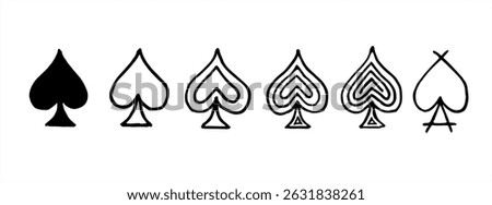 Handdrawn variations of spades. Good for card designs, poker symbols or other graphic design projects involving spade symbols. Black ink pen, with different line variations. 