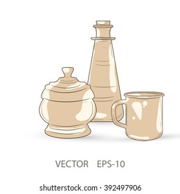 Hand-drawn variety of tableware such as sugar bowl, thermos, mug, Cup, bottle of oil, a rolling pin for pancakes and whisk. 