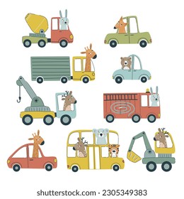 Hand-drawn various animals in cars. Vector illustration. Cartoon style. All elements are isolated. Ideal for sticker printing