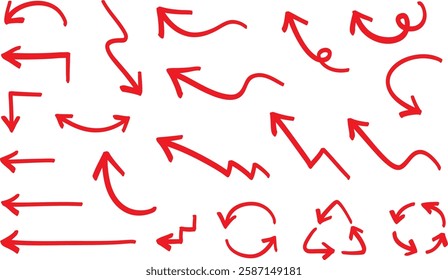 Hand-drawn various arrows set, red