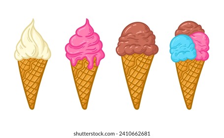 Handdrawn Various Ice Cream Cone Illustration. Vector ice cream flavour.