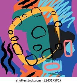 Varias formas y manchas dibujadas a mano, puntos y molduras. Diferentes colores. Resumen del fondo moderno y sin costuras. Ilustración moderna de patchwork en vector
