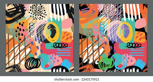 Varias formas y manchas dibujadas a mano, puntos y molduras. Diferentes colores. Resumen del fondo moderno y sin costuras. Ilustración moderna de patchwork en vector