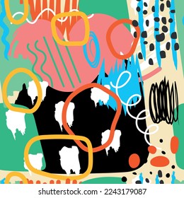 Varias formas y manchas dibujadas a mano, puntos y molduras. Diferentes colores. Resumen del fondo moderno y sin costuras. Ilustración moderna de patchwork en vector