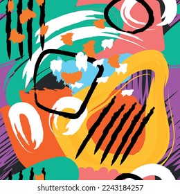 Varias formas y manchas dibujadas a mano, puntos y molduras. Diferentes colores. Resumen del fondo moderno y sin costuras. Ilustración moderna de patchwork en vector