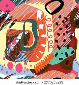 Varias formas y puntos, puntos y líneas dibujados a mano. Diferentes colores. Resumen del fondo moderno y sin costuras. Ilustración moderna de patchwork en vector.