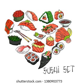Hand-drawn various sushi. vector set All elements are isolated