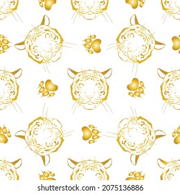 Hand-drawn vector abstract creative seamless pattern with tiger face, gold foil texture isolated on a white background. Design for fashion fabric, decoration, packaging, business