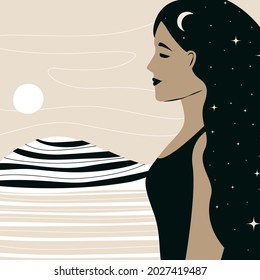 Hand-drawn vector abstract element of a flat graphic illustration,bohemian astrology, the magical art of mystical stars of astronomy. A woman with dark hair, boho style, minimalistic poster. Landscape