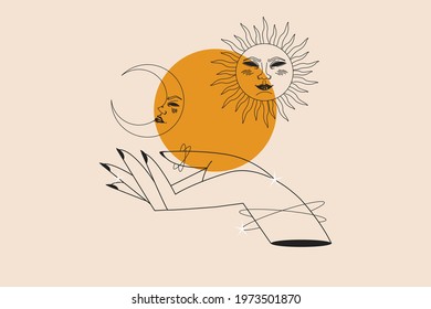 Hand-drawn vector abstract flat graphic illustration with logo elements, a woman's hand holding a circle with the moon and sun phase, a magic art line in a simple branding style ,isolated on a beige