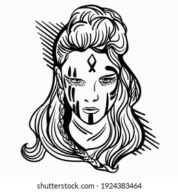 Hand-drawn vector abstract image of a female Viking. Black and white decorative illustration of a girl. 