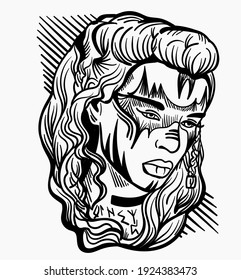 Hand-drawn vector abstract image of a female Viking. Black and white decorative illustration of a girl. 