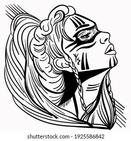 Hand-drawn vector abstract image of a female Viking. Black and white decorative illustration of a girl.