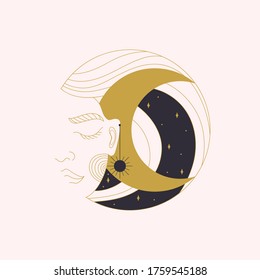 Hand-drawn Vector Abstract Logo. Beautiful Woman's Face With Moon.