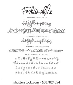 Handdrawn vector alphabet. Letter for script font. Modern calligraphy. Marker painted abc with ligatures.