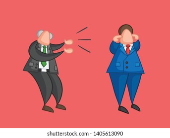 Hand-drawn vector angry boss yelling at businessman worker and he is closing his ears