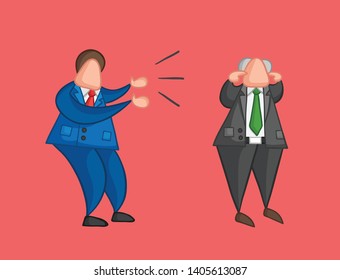 Hand-drawn vector angry businessman worker yelling at boss and boss is closing his ears