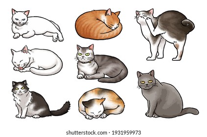 [Hand-drawn vector animal illustration material] 8 kinds of cat illustration set