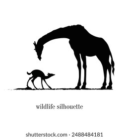 Hand-drawn vector animals, Giraffe and deer Silhouettes, Wildlife vector illustrations
