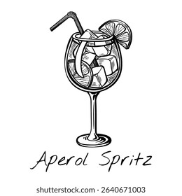 Hand-drawn vector of Aperol Spritz cocktail with orange slice and bubbles in wine glass. Retro summer drink sketch ideal for bar menu, aperitif visuals, or blog posts.