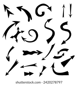 Handdrawn vector arrow set in doodle style, many arrows