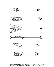 Hand-drawn vector arrows with feathers doodle elements