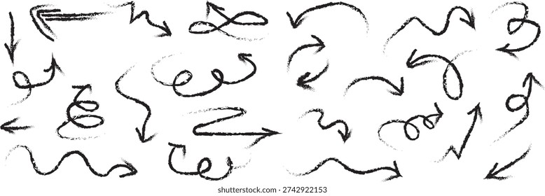 Hand-drawn vector arrows feature a diverse collection of scribbled, grunge style directional pointers perfect for creative design projects, navigation systems, user interfaces, educational materials, infographics, or adding a distinctive artistic touch to any modern graphic illustration.