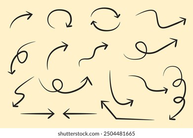 Hand-drawn vector arrows set. Arrows are designed for business plans and education sets with black arrow icons. Circle arrows, rotate the arrow, and redo the process symbol.