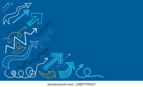 Flechas de Vector dibujadas a mano que muestran una tendencia ascendente sobre fondo azul con espacio de copia 