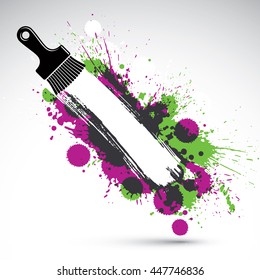 Hand-drawn vector art background created with brushstrokes and colorful ink blobs. Renovation idea illustration with a painting brush can be used as wallpaper. There is copy space for your text.