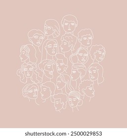 Hand-drawn vector art of a modern, multicultural group. The illustration showcases diverse faces in a clean, linear design. Ideal for backgrounds or decorative patterns with an inclusive aesthetic