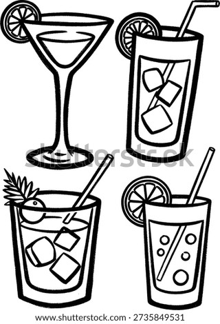 Hand-drawn vector art of various refreshing cocktails and mixed drinks with ice and fruit garnishes in a sketchy black and white style