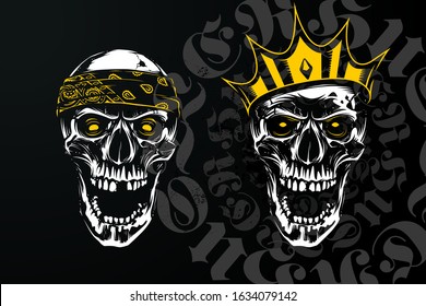 Hand-drawn vector art of white skull with open mouth on black background with circle shape lettering. Yellow contrast design elements: bandanna and crown.