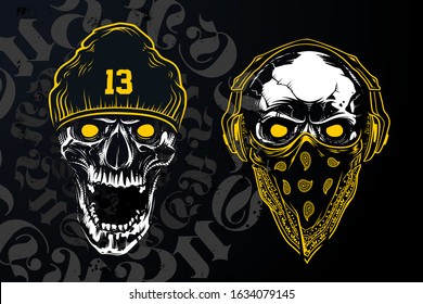 Hand-drawn vector art of white skull with open mouth on black background with circle shape lettering. Yellow contrast design elements: knitted hat, headphones and bandanna.