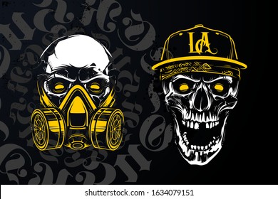 Hand-drawn vector art of white skull with open mouth on black background with circle shape lettering. Yellow contrast design elements: respirator mask and snapback.