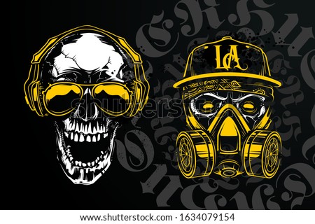 Hand-drawn vector art of white skull with open mouth on black background with circle shape lettering. Yellow contrast design elements: headphones, respirator mask, sunglasses and snapback.