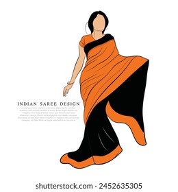 Hand-drawn vector art, A woman wearing traditional dress, Vector illustration of Indian woman