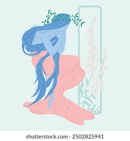 Obra de arte de Vector dibujada a mano de una figura femenina clásica en estilo Art Nouveau, adornada con adornos y flores, influencias clásicas, Plantilla moderna, cabello largo.